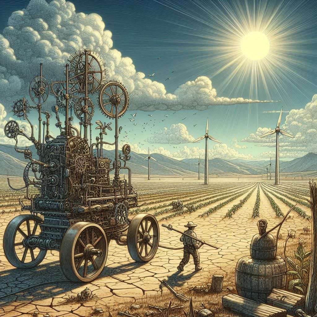 mechanical tinkerer on a dried-up farm, solarpunk drawing picture