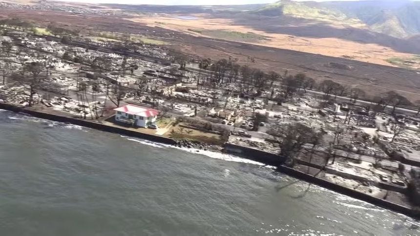 An aerial video of damage in Lahaina, Hawaii, from deadly brush fires.