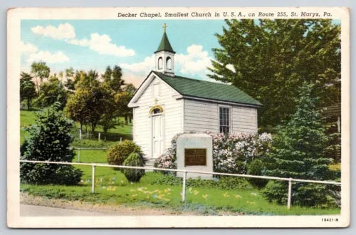 Decker Chapel St. Mary's PA Postcard UNP Smallest Church in the USA - Picture 1 of 2