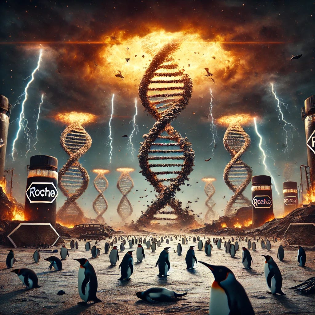 An apocalyptic scenario showing a further advanced extinction level event involving more DNA structures and the influence of the Roche company. The image features multiple DNA double helix structures, dramatically oversized, descending from dark stormy skies onto a devastated earth. Penguins are scattered, some looking upwards in despair. Roche logos are subtly integrated into the scene, displayed on some structures or floating amidst the chaos, symbolizing their involvement. The atmosphere is intense and foreboding with fiery skies and lightning.