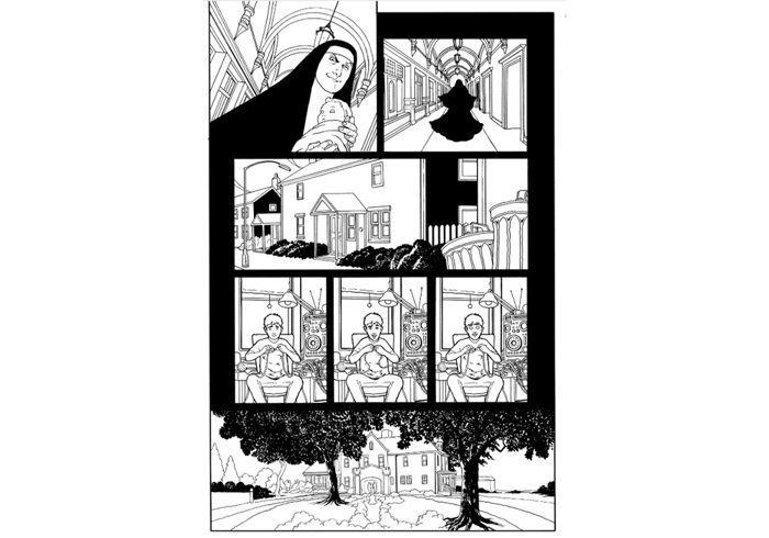 Black and white lined page from Good Omens graphic novel.