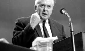 harold Wilson speaking at a rostrum