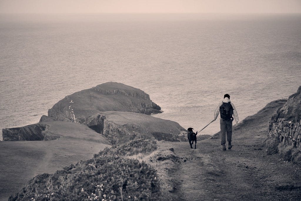 Man walking dog by the ocean
