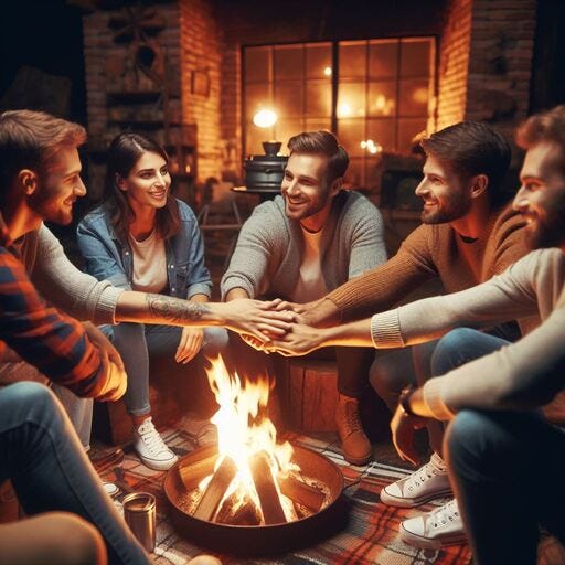 men and women sitting around a cozy campfire supporting and encouraging each other enjoying themselves