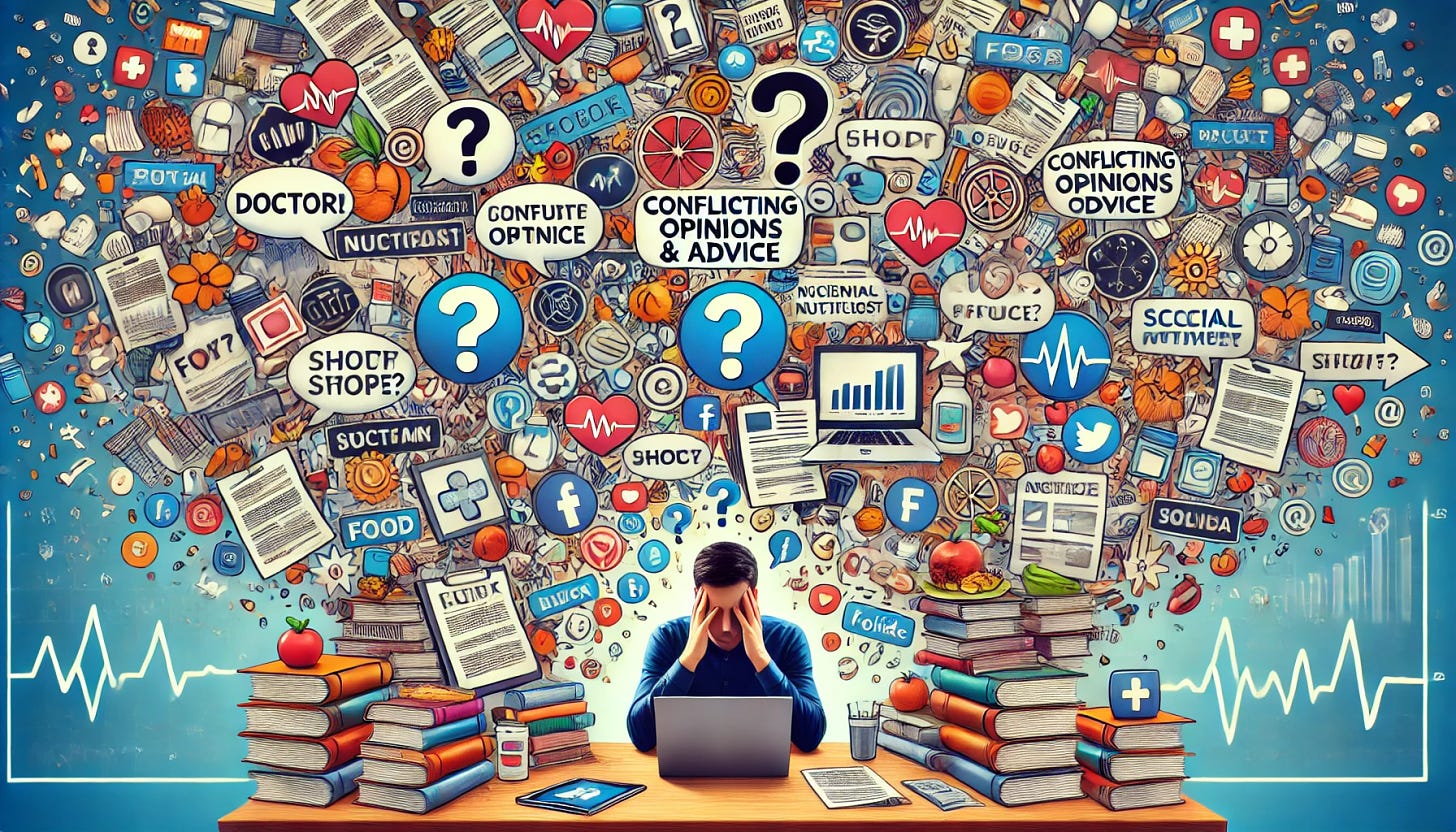 A person sitting at a desk, surrounded by piles of books, papers, and devices like tablets and laptops. Around them, speech bubbles or floating text with conflicting opinions and advice fill the air, coming from various sources such as doctors, nutritionists, scientific papers, online articles, and social media icons. The individual looks overwhelmed, trying to make sense of all the contrasting information. In the background, large question marks float alongside a chaotic mix of medical symbols, food icons, charts, and social media logos, representing the confusion. The colors should reflect a sense of overwhelm and uncertainty.