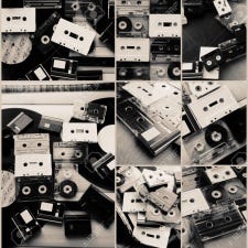 Collection of retro audio tapes and vinyl records in collage