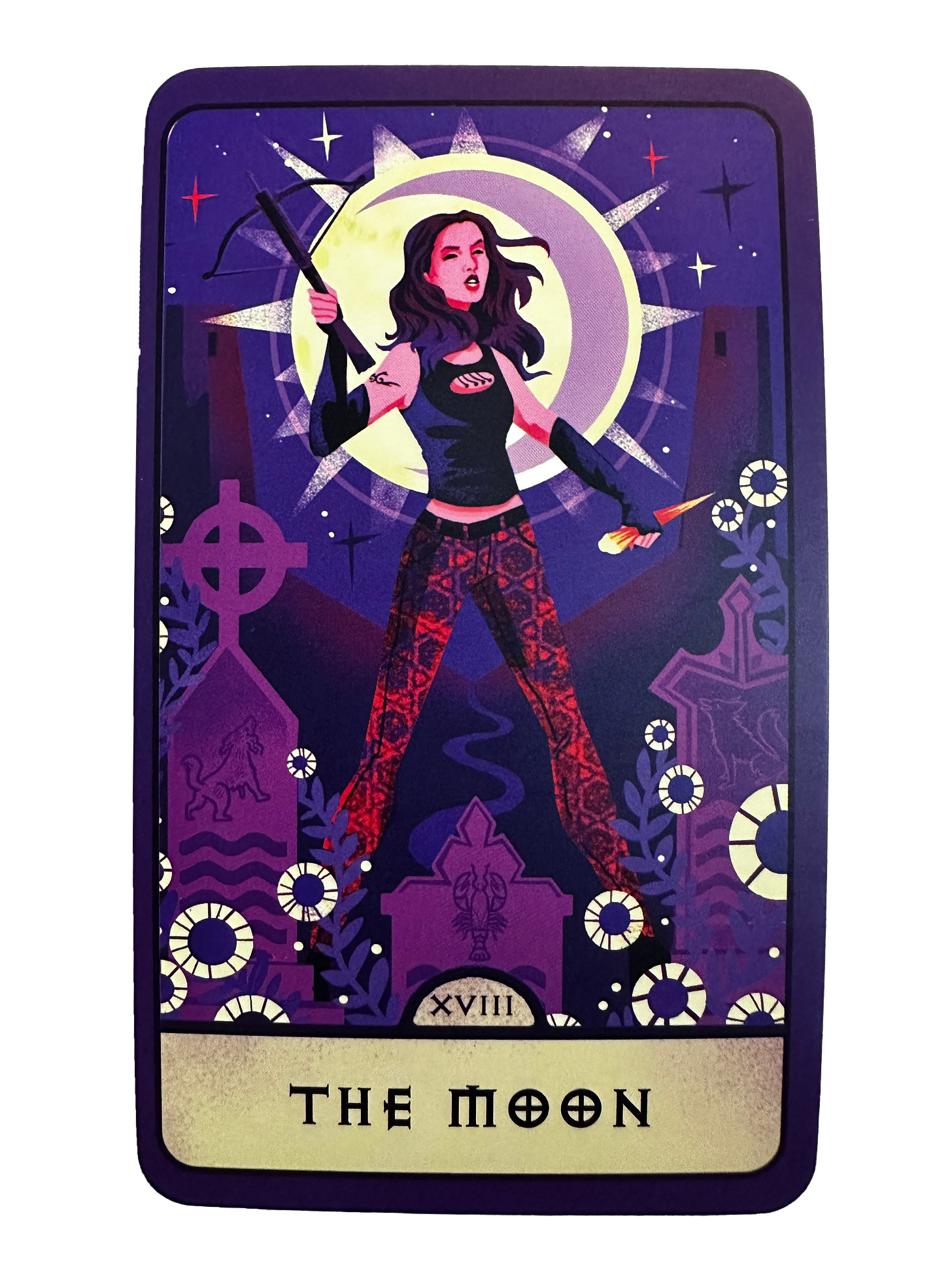 The Moon Card from the Buffy deck, which is an illustration of Faith