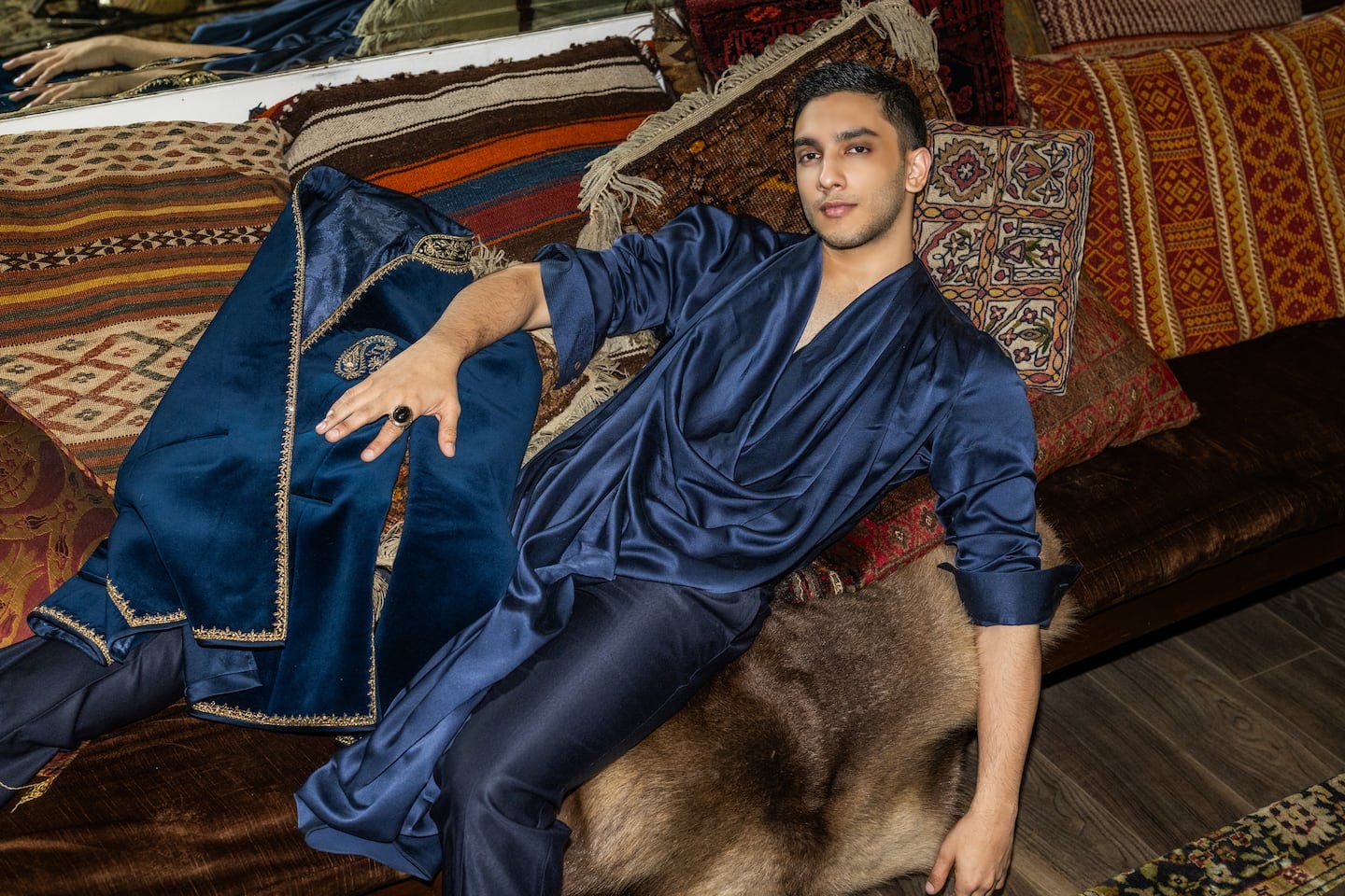 Bollywood actor Vedang Raina models the menswear collection for Indian designer Tarun Tahiliani's 2024 campaign.