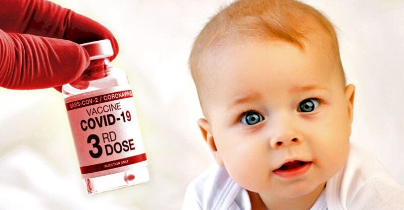 baby and covid vaccine with "3rd dose" on bottle