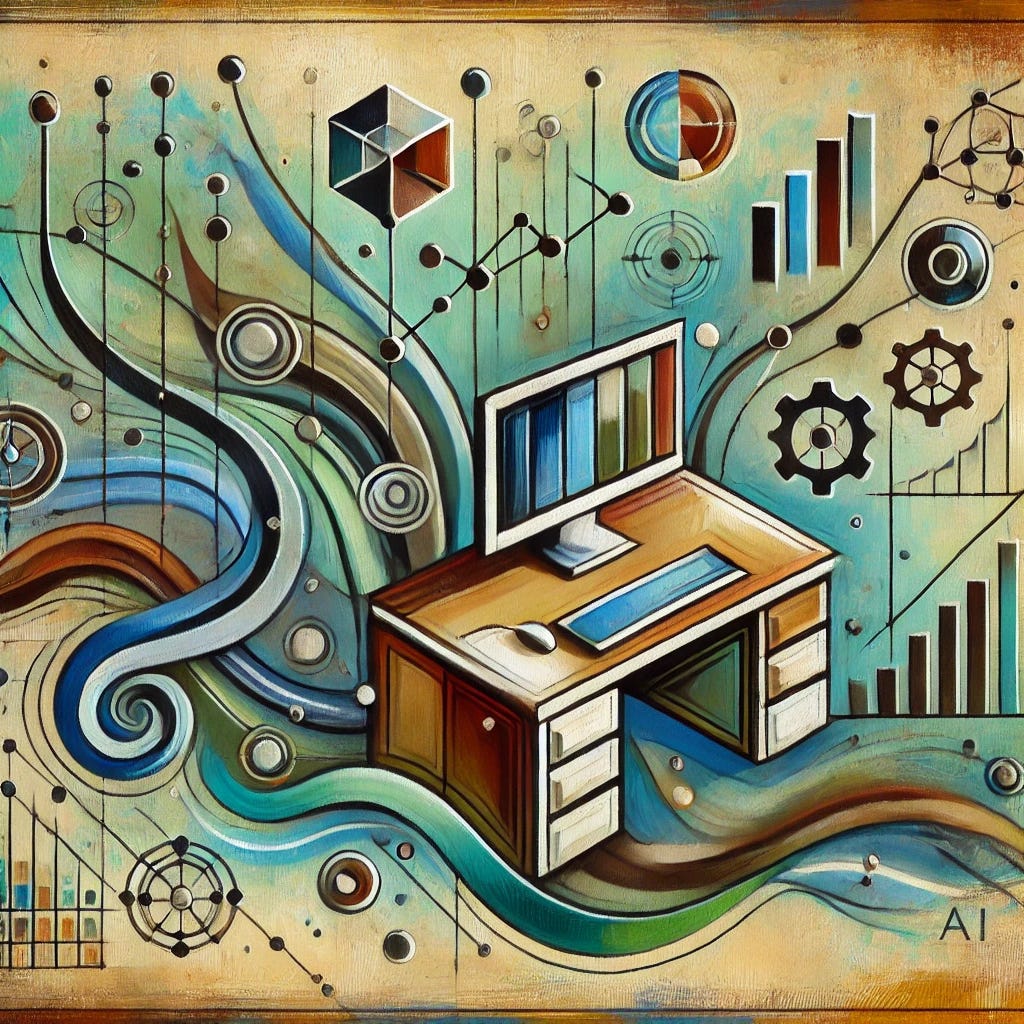 An abstract, playful painting representing the transformation of office work through AI. The central object is a stylized, geometric office desk with floating digital symbols like graphs, chat bubbles, and algorithmic patterns hovering around it. The background features interconnected lines and abstract shapes in shades of green, blue, brown, and black, symbolizing the flow of information and automation. The painting has a flat, decorative appearance with lively brushstrokes and a harmonious composition that conveys innovation and transformation.