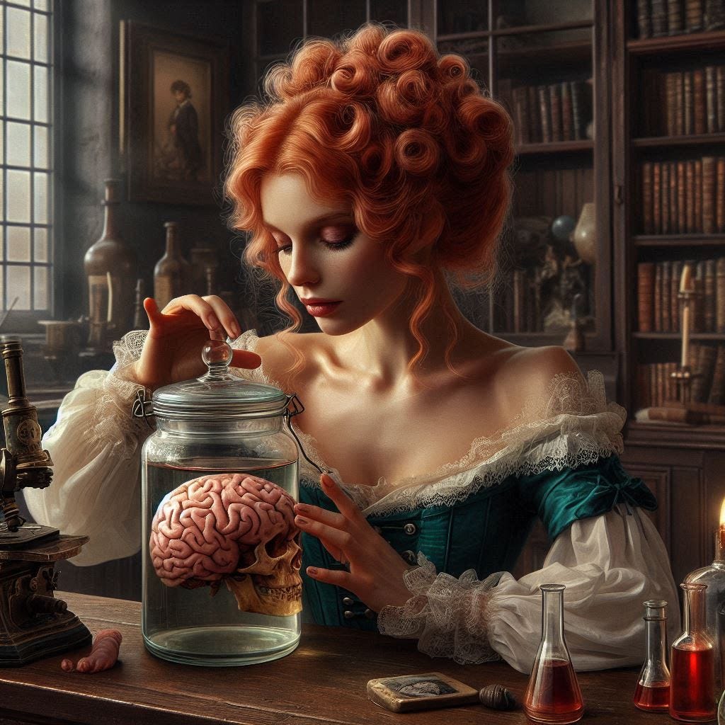 A beautiful red-haired woman  caresses a jar containing a brain in formaldrahyde. Old English laboratory setting. Frazetta-style painting. Interior.