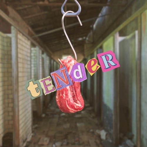 A piece of raw meat hangs from a hook in an abandoned warehouse behind the word "tender" spelled out in scrapbook letters