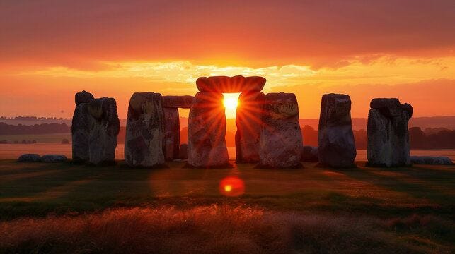 Stonehenge, England. summer solstice. View of the setting sun between the stones