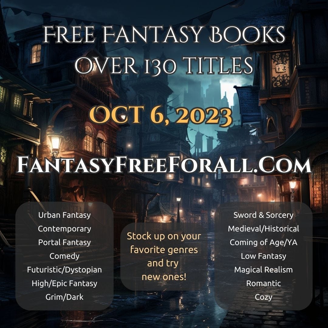 Text: Free fantasy books. Over 130 titles. Oct 6, 2023. Fantasy free for all. Stock up on your favorite genres and try new ones. Lists many genres.  Image: Night time fantasy city lit with glowing street lamps. Hints of a modern metropolis sillouhetted by moonlight lay in the distance. 