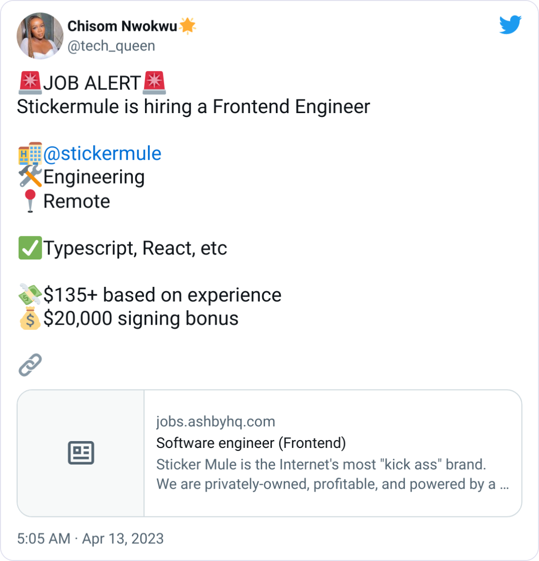 🚨JOB ALERT🚨 Stickermule is hiring a Frontend Engineer  🏨 @stickermule  🛠️Engineering 📍Remote  ✅Typescript, React, etc  💸$135+ based on experience 💰$20,000 signing bonus  🔗