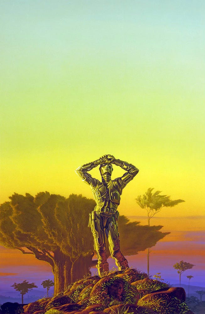 A robot stands with one hip slightly cocked and hands clasped over its forehead as if shielding its eyes. Sunlight reflects off its metallic body. Behind and slightly below him, A thick-trunked alien tree spreads its canopy wide and flat, mirroring the form of the robot's arms, elbows pointed out. From the top down, the sky is a lime to lemon gradient that bleeds to orange and purple haze at the horizon. The mound of dirt in the foreground is sparsely covered with leaves and berries, framing a human face.