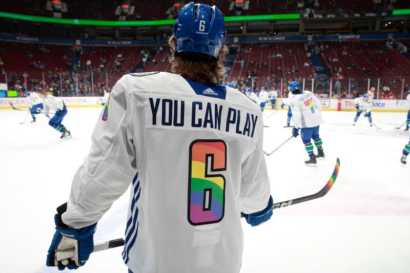VANCOUVER, CANADA - MARCH 31: Brock Boeser #6 of the Vancouver Canucks warms up in his You can play Pride night jersey before their NHL game against the Calgary Flames at Rogers Arena March 31, 2023 in Vancouver, British Columbia, Canada.  (Photo by Jeff Vinnick/NHLI via Getty Images)