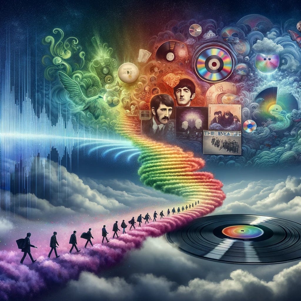 Create an image that symbolizes the transition from physical media to digital music consumption. Depict a large, vibrant vinyl record that gradually transitions into a CD and then to a faint outline, symbolizing its decline. In the background, feature ethereal cloud-like streaming symbols and waves that become more vivid and colorful, representing the rise of streaming services like Spotify. In the foreground, show a series of The Beatles' iconic album covers, transitioning from physical forms to digital representations on screens and devices.