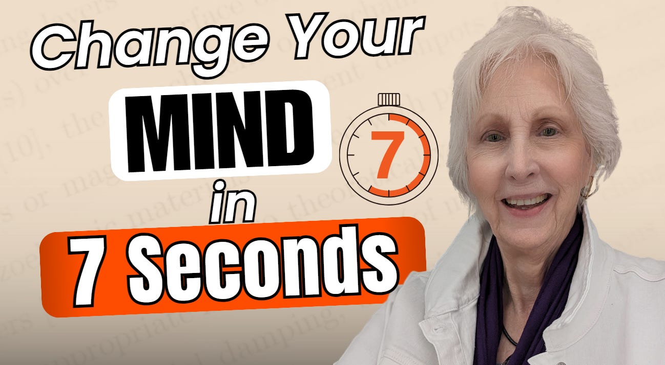 Screenshot of event page on Online Writing Club with smiling face of the white-haired presenter, Donna Blevins, tan background, orange 7 in the clock face with the hand at 7, MIND in black and 7 seconds white, outlined in black on an orange banner.