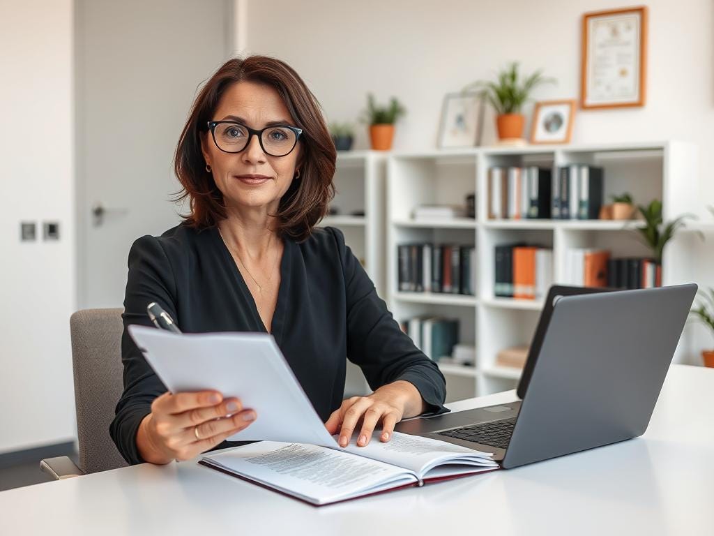 Woman sits at her desk with a laptop and a stack of papers