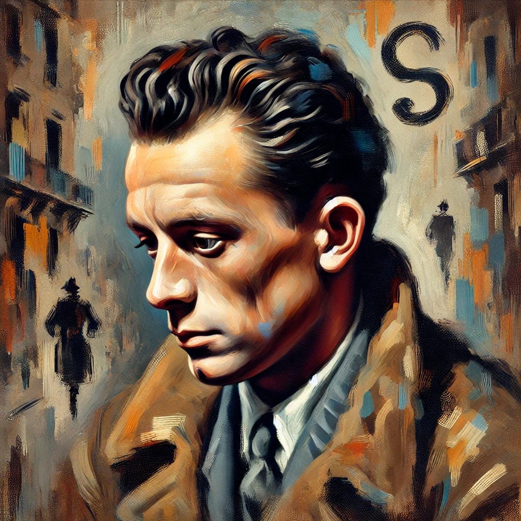 An oil painting portrait of Albert Camus in the style of 1940s French art, designed for an article featuring an English translation of Jean-Paul Sartre's 'Explanation of the Stranger.' Camus is depicted in a three-quarter view with a contemplative, introspective expression and expressive, loose brush strokes. The color palette consists of muted, earthy tones, including warm browns, soft grays, and hints of melancholic blue. The background is an abstract, blurred depiction of a post-war Parisian scene, evoking the intellectual vibrancy and reflective mood of the era. Subtle symbolic elements, such as abstract forms or shadowy figures, allude to existentialism and the theme of the outsider, nodding to both Camus' famous work and Sartre's commentary.