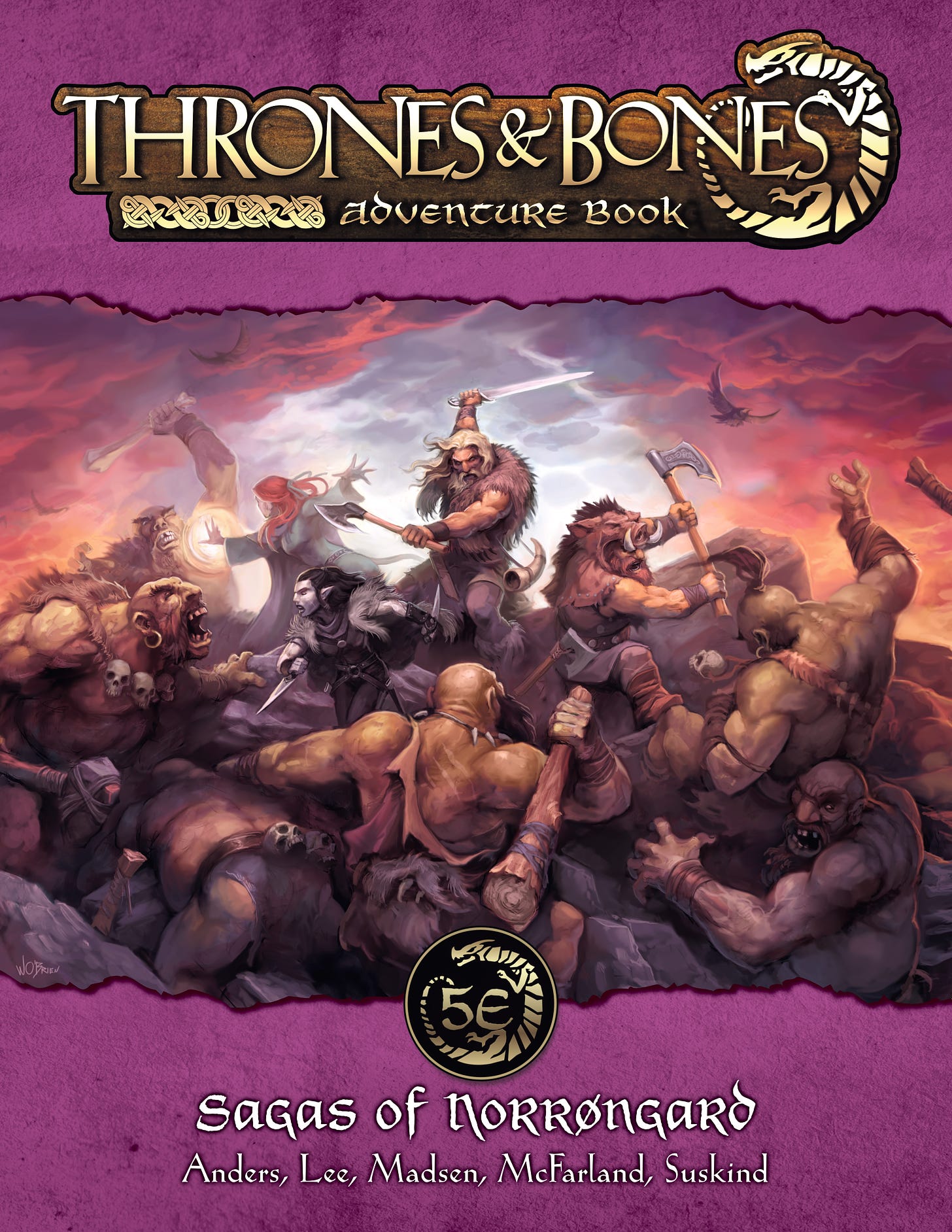 The cover of Sagas of Norrøngard featuring a team of heroes fighting an army of trolls.