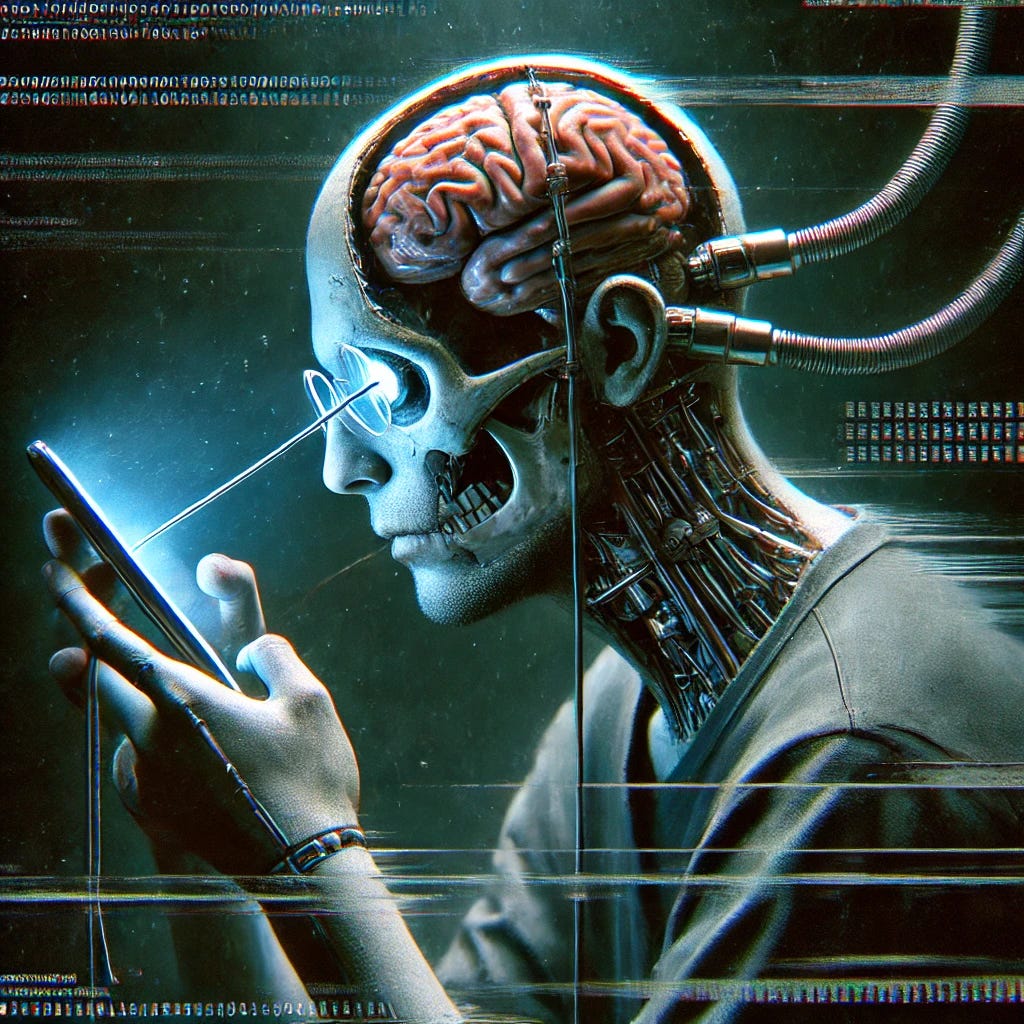 A surreal digital painting depicting a person sitting in a dark room, their face illuminated by the cold glow of a smartphone. Instead of a normal head, their skull is partially opened, with wires and circuits extending from the phone into their brain, as if the device is performing a lobotomy. Their expression is vacant, eyes glazed over, symbolizing mind control and digital addiction. The background is abstract and eerie, with glitch-like distortions and binary code subtly weaving through the darkness. The overall mood is unsettling, emphasizing the theme of technological dependence.