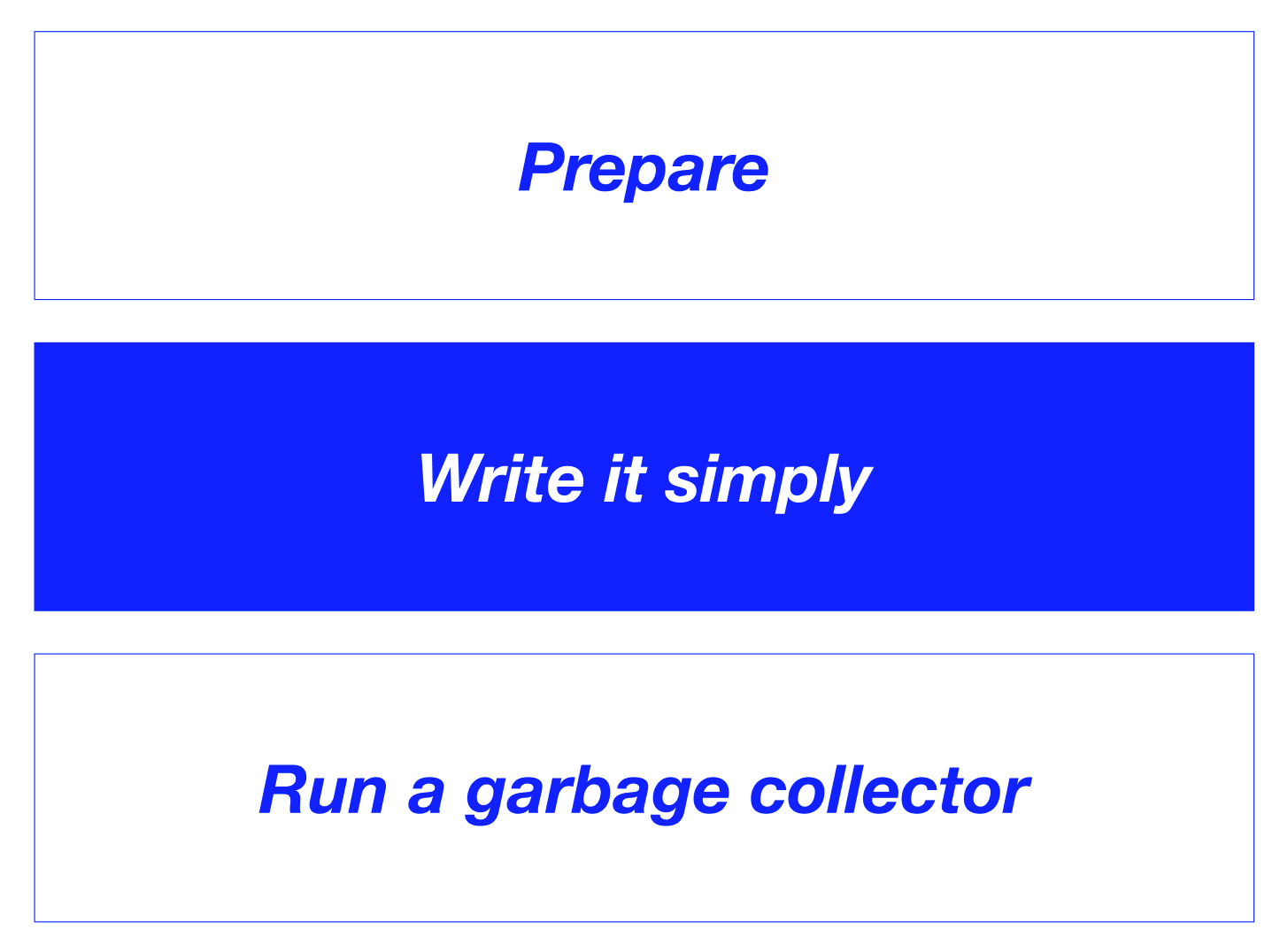 1. Prepare 2. Write it simply 3. Run a garbage collector