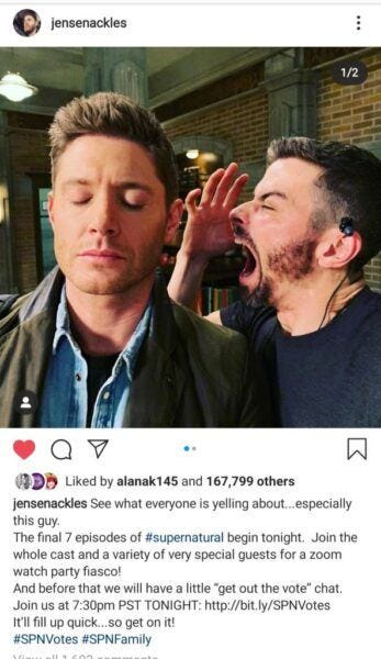 Sexy man yelling into Jenesen Ackles ear on Supernatural 2020