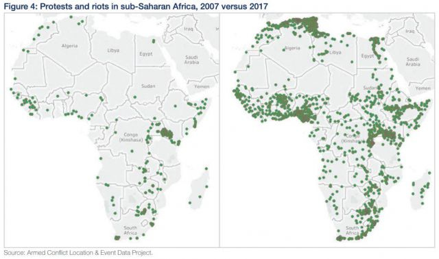 A map of protests in Africa, showing increased activity from 2007 to 2017
