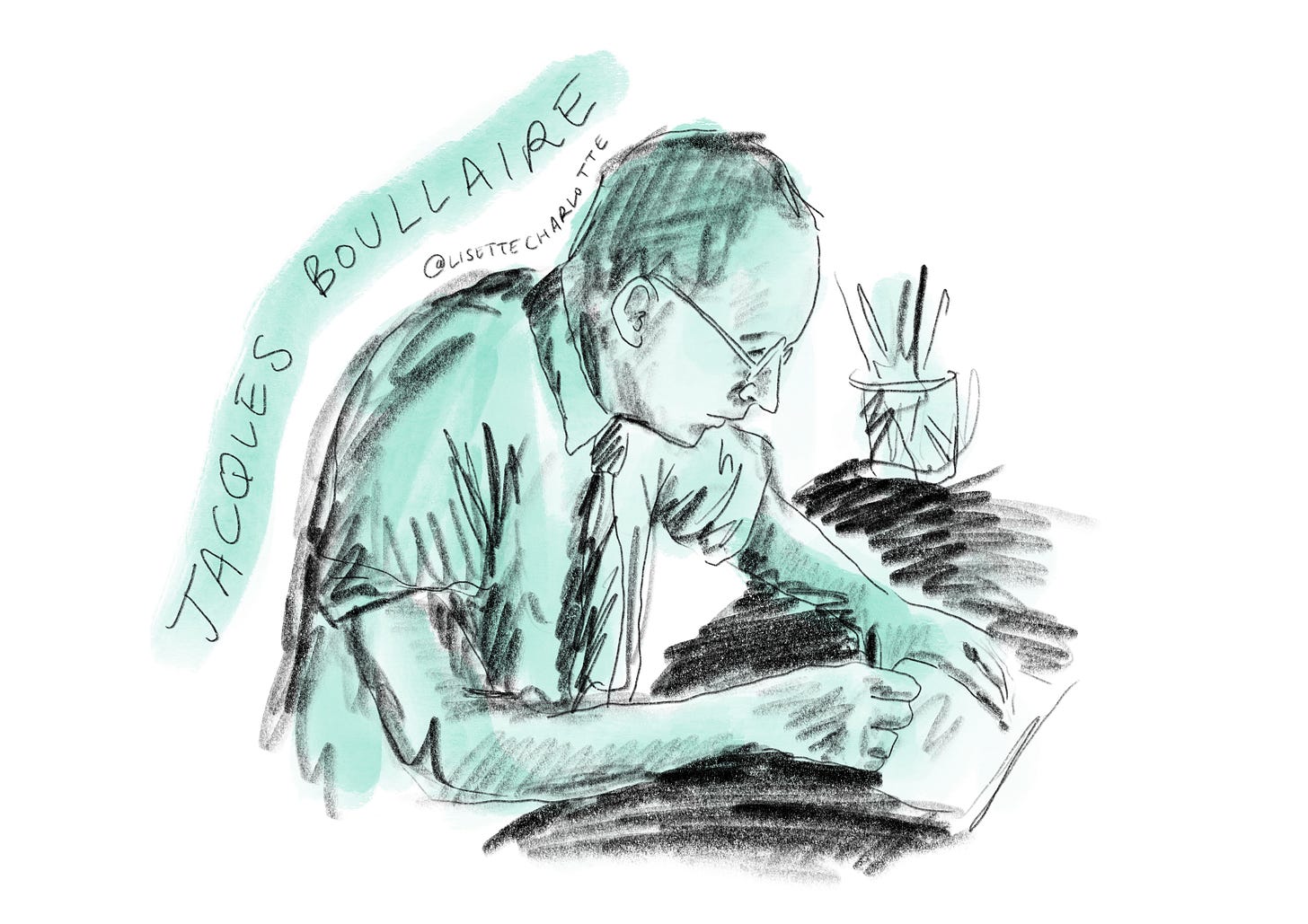 Sketch of artist Jacques Boullaire drawing at his desk