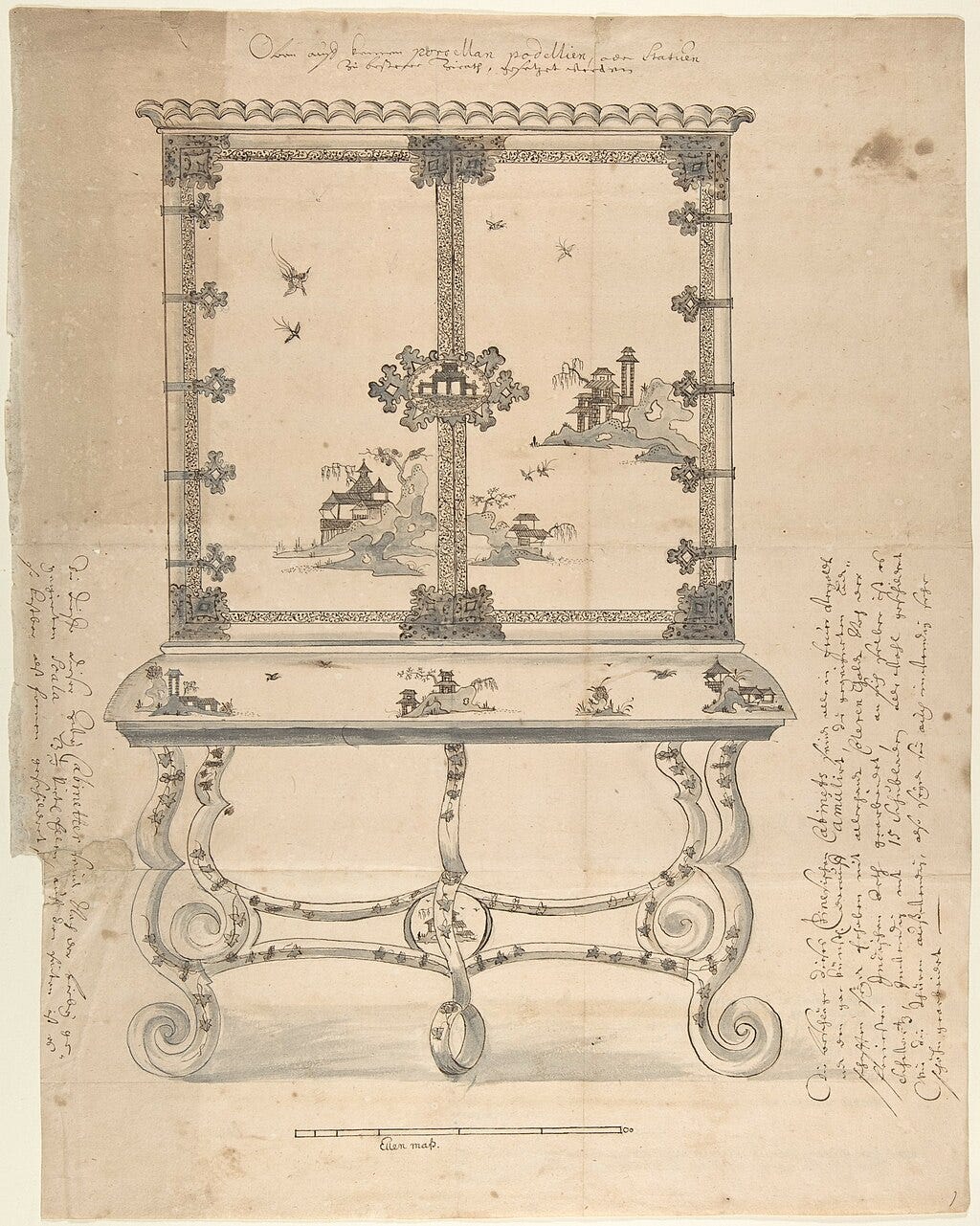 an annotated pen and ink drawing of a chinese-style lacquer cabinet raised on ornate curving feet, ca 1720-30