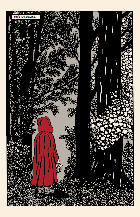 Final panel of Red in the woods with her back to us and her read coat bright against the dark forest. The panel reads "She's speechless."