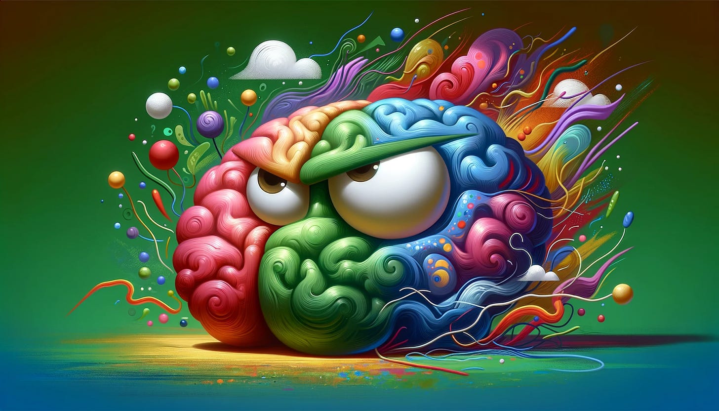 An abstract 16:9 illustration of a brain experiencing envy, in a style reminiscent of Pixar animations. The brain should be depicted in a vibrant, colorful, and somewhat whimsical manner, embodying the emotions of envy. There should be elements that symbolize jealousy, such as green hues and maybe abstract shapes or patterns that evoke a sense of longing or desire. The overall look should be engaging and artistic, capturing the complexity of emotions in a visually appealing way.
