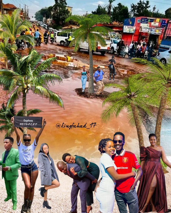 A huge pothole in Kampala that's been photoshopped to have palm trees and beachgoers around it