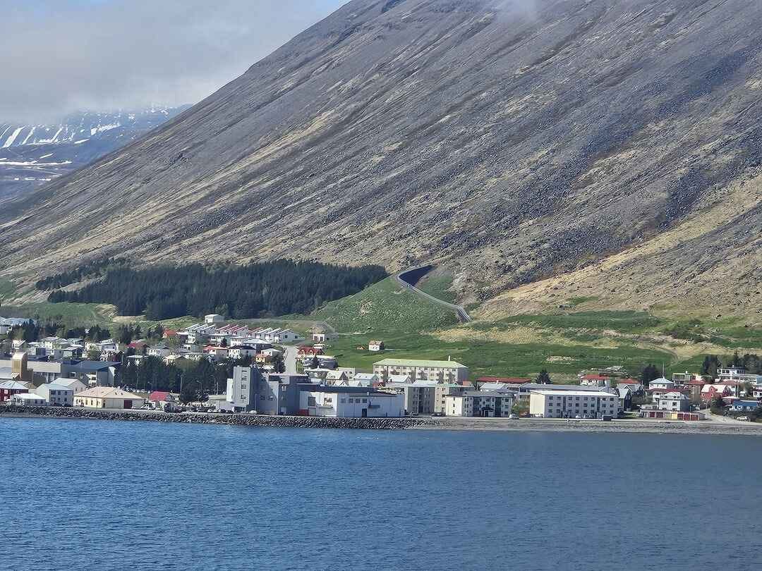 Isafjordur showing the berm on the side of the mountain to protect from landslides and avalanches