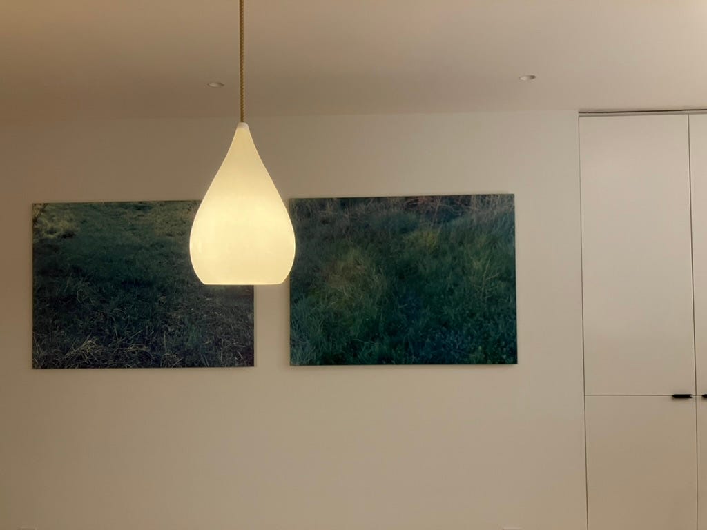 dining room wall with two photographs of green landscapes