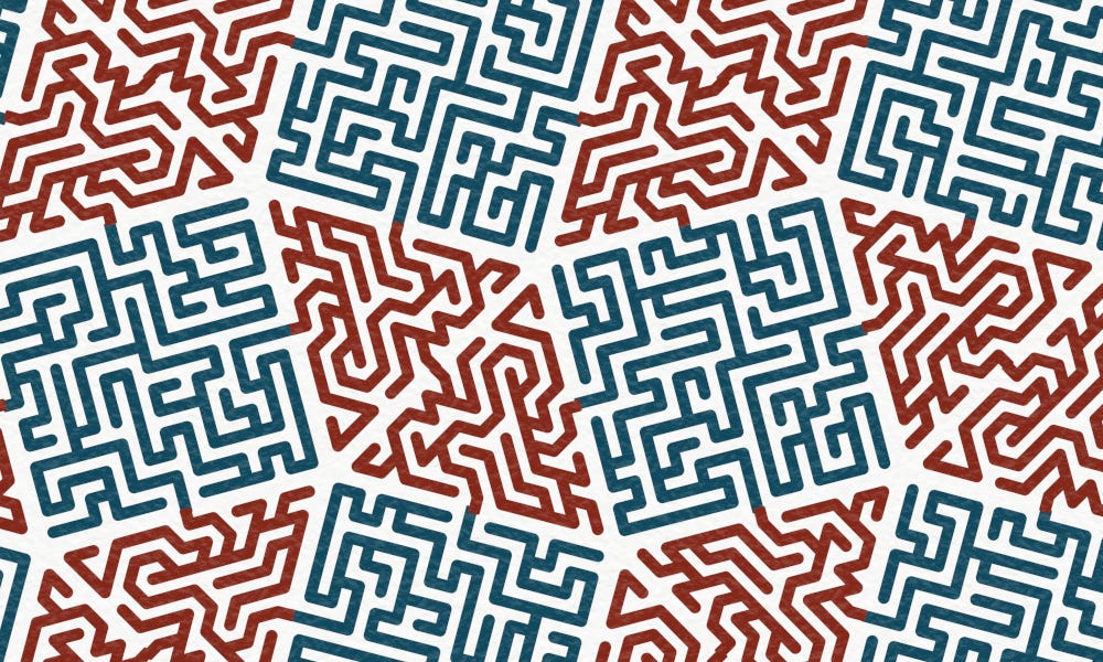 Block-print-like pattern of square and triangular maze tiles