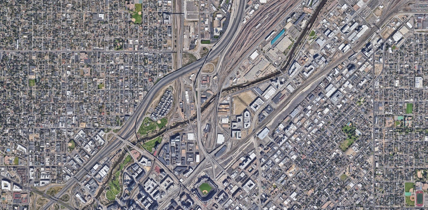 Aerial view of Coors Field and surrounding area