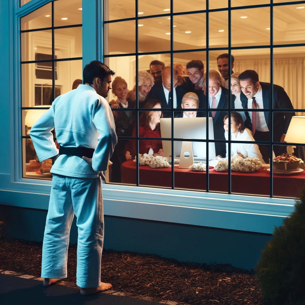 A man wearing a white Brazilian jiu-jitsu gi and a white belt is standing outside a house window, peering inside. Through the window, we see a group of wealthy, affluent people looking happy and celebratory, all huddled around a computer screen. The people inside are dressed in elegant attire, their faces lit by the glow of the computer, suggesting a moment of triumph or a significant achievement. The exterior setting contrasts with the interior's warmth and festivity, emphasizing the man's position as an observer from the outside. The house's architecture is modern and luxurious, with clear glass windows that provide a stark view into the contrasting worlds.