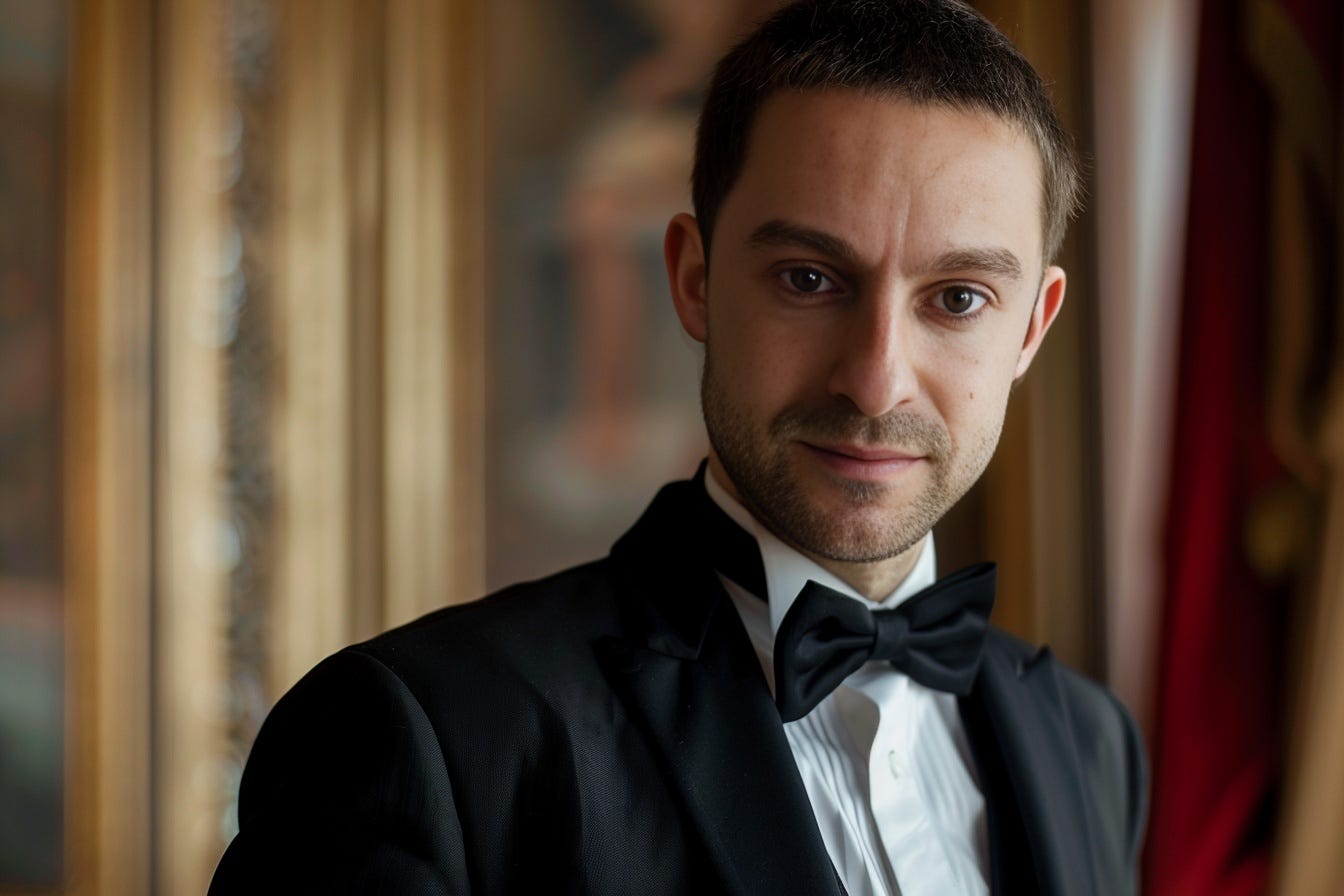 Close-up of a man wearing a tuxedo with Daniel's face