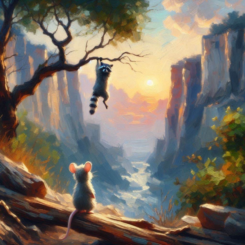 a little mouse watches a raccoon hanging from a branch over a sheer cliff. Impressionist-style