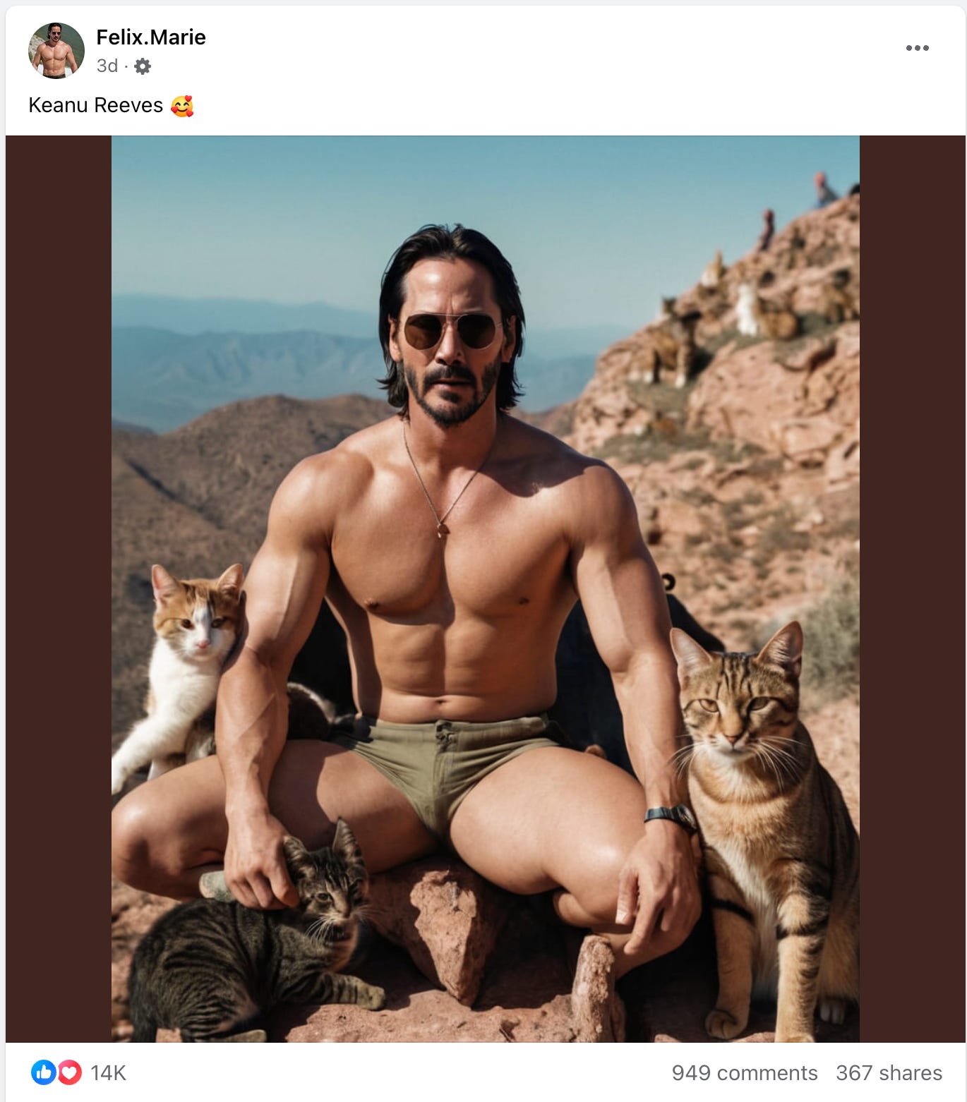 screenshot of a Facebook post with an AI-generated image of shirtless Keanu Reeves surrounded by cats