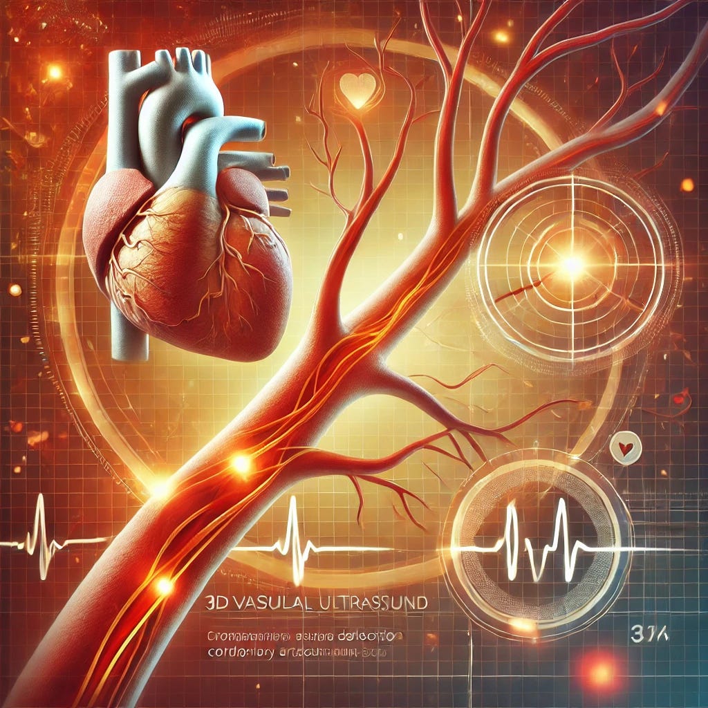 A visually engaging medical illustration depicting a breakthrough in cardiovascular imaging. The image features a warm color palette with shades of orange, red, and gold to evoke a sense of positivity and innovation. A modern, clean composition showcases a 3D vascular ultrasound scan revealing plaque buildup in arteries, alongside a stylized coronary artery calcium (CAC) scan. The arteries are depicted with glowing highlights to emphasize early detection. The background subtly integrates abstract medical icons, such as a heart symbol and pulse lines, symbolizing cardiovascular health. The image maintains a professional, approachable style, avoiding unsettling or overly complex visuals, ensuring clarity and engagement for a general audience.