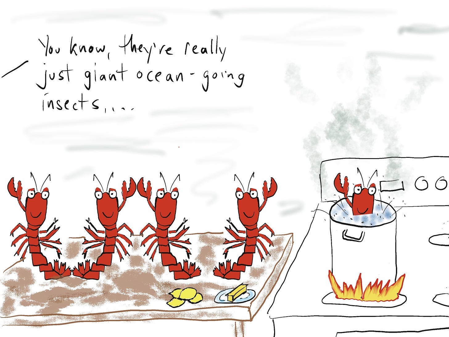 lobsters dance into a cooking pot