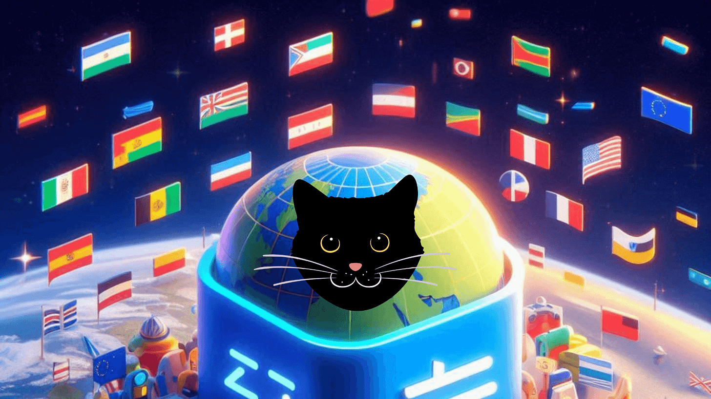 Image of country flags and a cat head in space