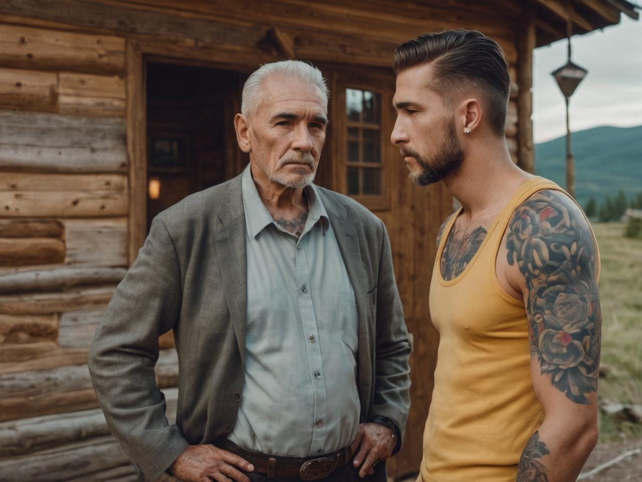 AI generated image of two men - young and old standing in front of a cabin