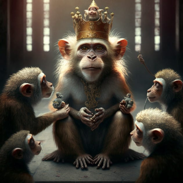 A group of apes surrounding a king ape with a crown. Generated with Dall-E.