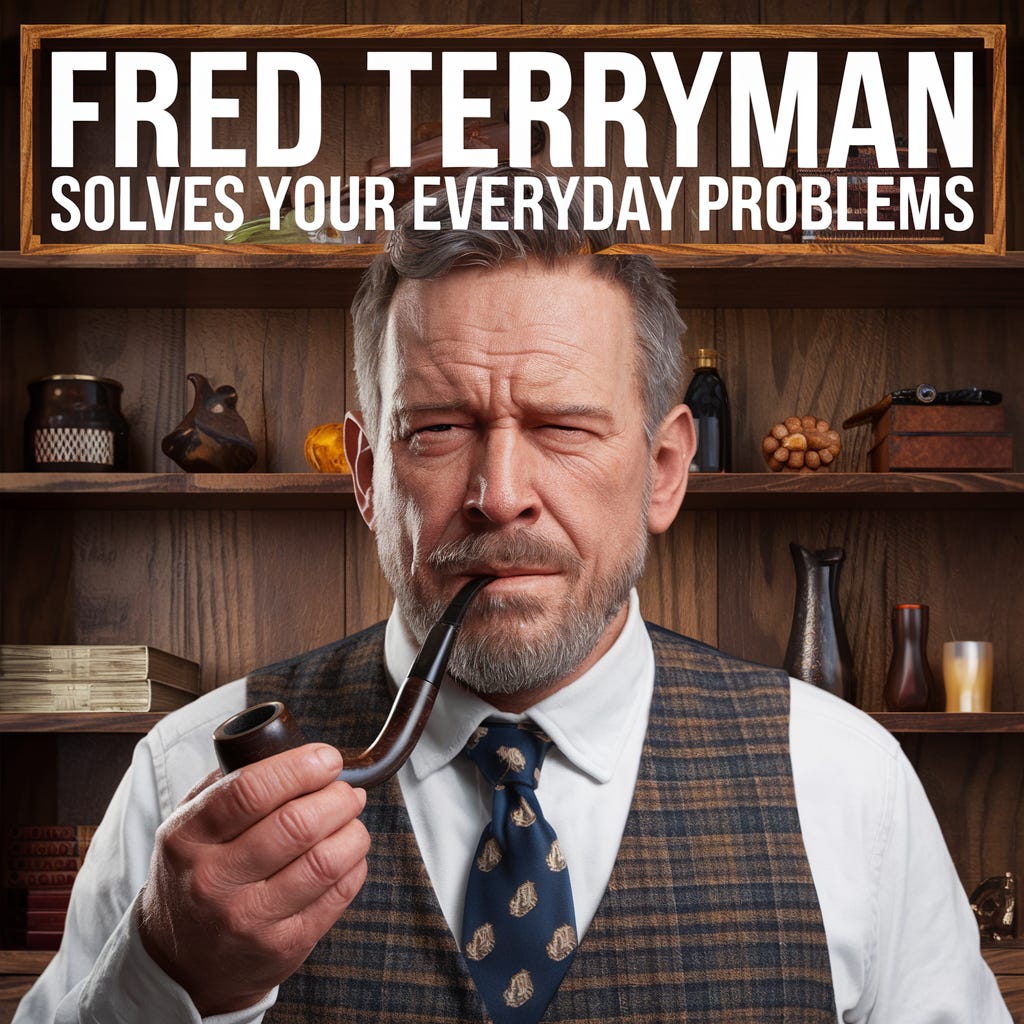 Photorealistic picture of a man smoking a pipe accompanied by the text 'Fred Terryman solves your everyday problems'