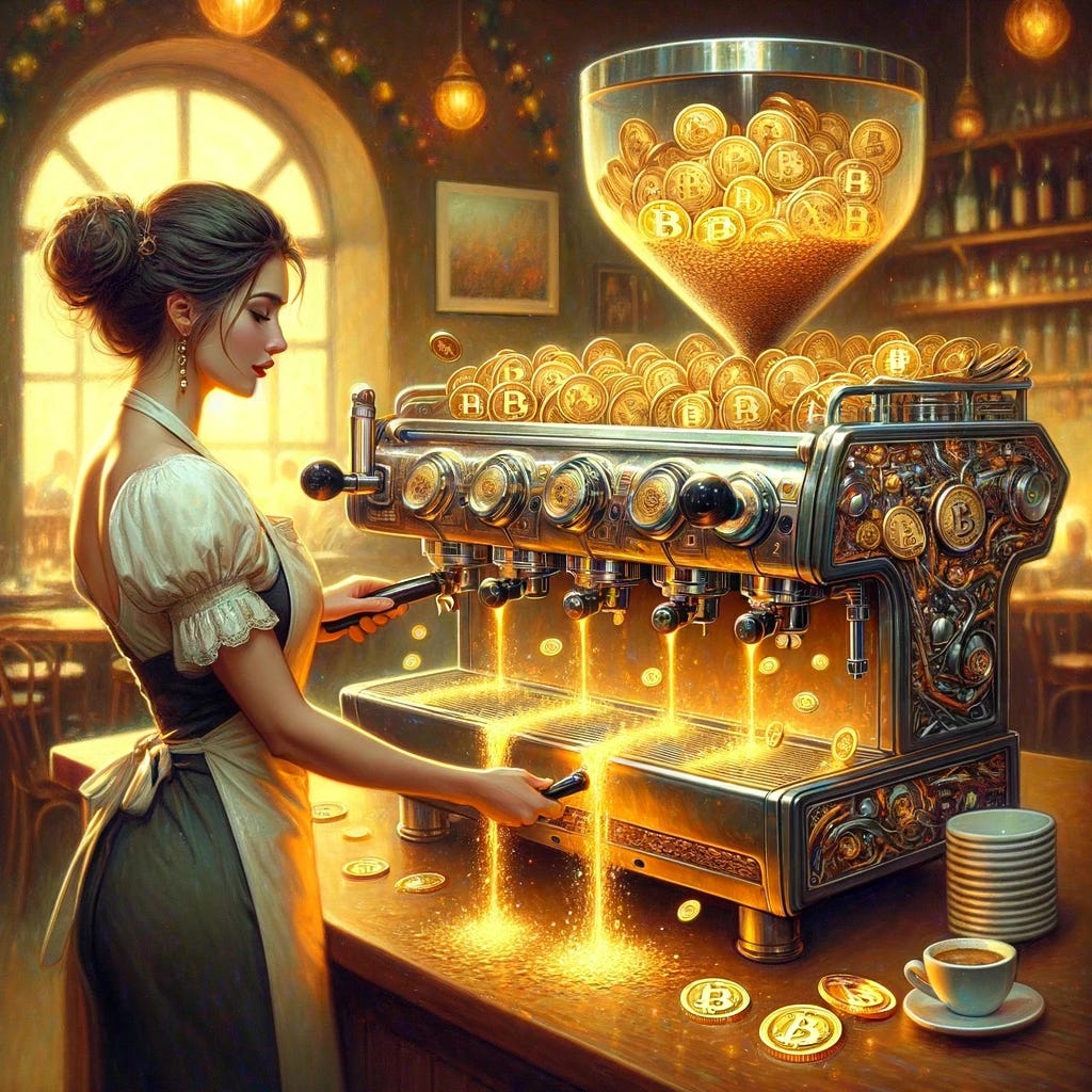 Depict an attractive woman barista, reminiscent of a Renoir painting, using an espresso machine that is not dripping coffee, but instead, dripping a multitude of cryptocurrencies symbolizing profit. The scene is set in a cozy, warmly lit cafe environment, capturing the essence of a traditional barista at work, but with a futuristic twist. The espresso machine is intricately designed, blending elements of classic and modern styles, and as the barista operates it, a cascade of glowing, digital cryptocurrency coins flows out, representing the $5 million arbitrage opportunity. This artistic representation combines the charm of a Renoir-style painting with the dynamic world of cryptocurrency trading. Size: 1024x1024.